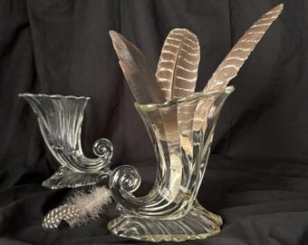 Vintage Pair Clear Glass Cornucopia Vases 7"