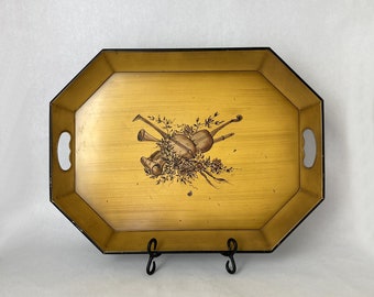 Vintage Metal Tray with Hand Painted Musical Motif | Large Yellow and Gold Nashco Serving Tray with Handles | Fall Decor