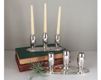 Vintage 1930s Rogers Bros Arcadia Pattern Triple Candelabra a Pair | Modernist Silver Plated Candleholders by International Silver Co