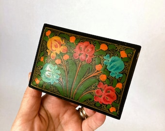 Vintage Hand Painted Lacquered Box from Kashmir India 4.25" | Floral Presentation Box | Keepsake or Jewelry Storage
