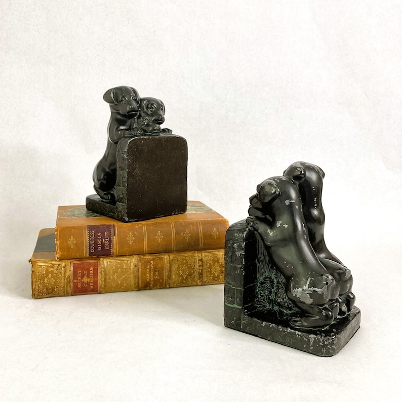 Vintage 1920s 1930s Puppies Bookends a Pair | Antique Naturally Distressed Spelter Bookends | Three Orphan Puppies | Shelf Styling Decor image 1