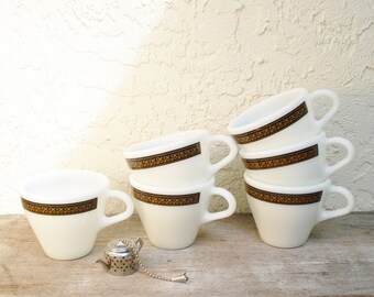 Vintage Pyrex Ebony Coffee Cups Fleur de Lys Pattern | Set of Six Teacups | Retro Restaurantware