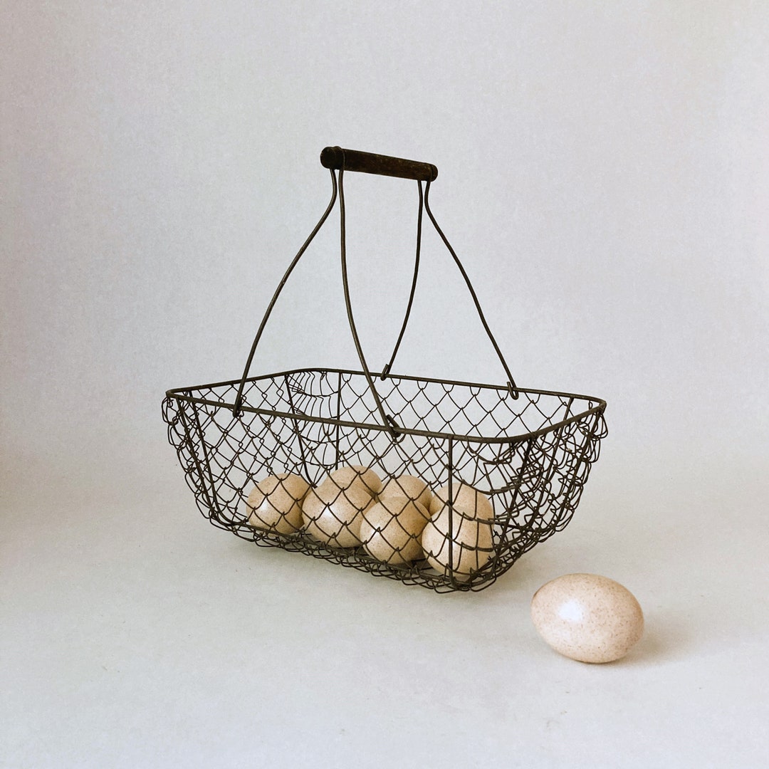 Vintage French Style Wiremesh Egg Basket With Wooden Handle Etsy