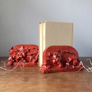 Vintage Wood and Gesso Bookends with Interesting Barbola Leaf and Berry Motif