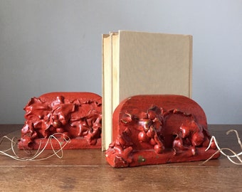 Vintage Wood and Gesso Bookends with Interesting Leaf and Berry Motif