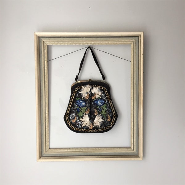 Vintage Caron of Houston Handbag | Hand Decorated Purse | Beaded Bag with Top Handle | 1950s 1960s Accessories