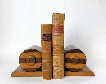 Vintage Hand Crafted Two-Tone Wood Cylinder or Barrel Bookends
