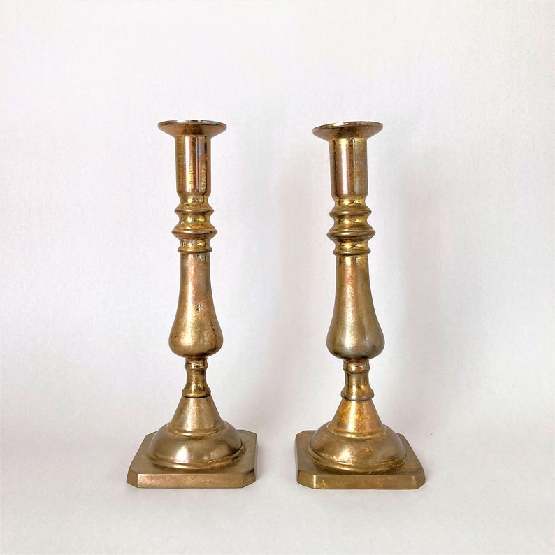 Vintage Heavy Brass Candleholders with Octagonal Bases and Great Patina a Pair Harvin Company of Baltimore Candlesticks Elegant Decor image 2