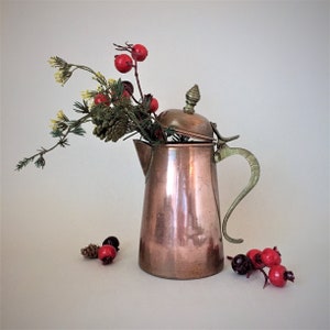 May include: A copper teapot with a brass lid and handle. The teapot is filled with a sprig of red berries and green leaves.