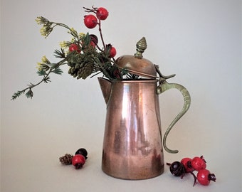 Vintage Copper and Brass Coffee Pot with Hinged Lid | Old Stove Top Coffee Kettle | Modern Farmhouse Rustic Decor