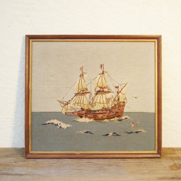 RESERVED Vintage Needlepoint Petit Point Sailing Ship Needlepoint Spanish Galleon XVI Century Sailing Ship