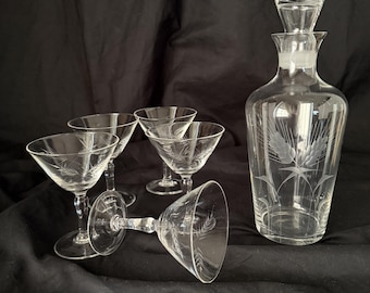Vintage Etched Glass Decanter with Five Stem Glasses Wheat Motif