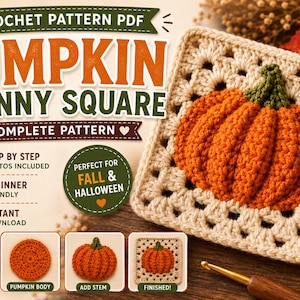 Pumpkin Granny Square Crochet Pattern PDF | Fall Autumn Halloween Decor Motif | Easy Beginner Friendly | Instant Download