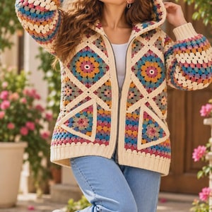 Könnte beinhalten: Eine Strickjacke mit Kapuze und Reißverschluss, die ein mehrfarbiges Granny-Square-Häkelmuster in Blau-, Gelb-, Rosa- und Cremetönen aufweist. Das Kleidungsstück hat lange Ärmel mit Rippbündchen, einen cremefarbenen Rippsaum und zwei Vordertaschen.