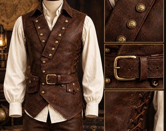 Peut inclure: Un gilet marron à la finition texturée, doté d'un devant croisé avec des boutons couleur laiton, d'une ceinture à boucle métallique et d'un laçage latéral. Le gilet est porté sur une chemise crème à manches longues et poignets boutonnés.