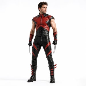 May include: A black and red leather costume featuring a short-sleeved top with a front zipper, matching trousers with red accents, forearm gauntlets, and black boots with red straps. The outfit includes two silver-colored metal claw accessories.
