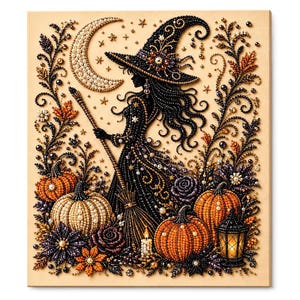 May include: A diamond painting kit featuring a witch in a black hat and dress holding a broomstick, surrounded by orange pumpkins, dark flowers, and a crescent moon. The design is composed of small, reflective beads on a light beige background.