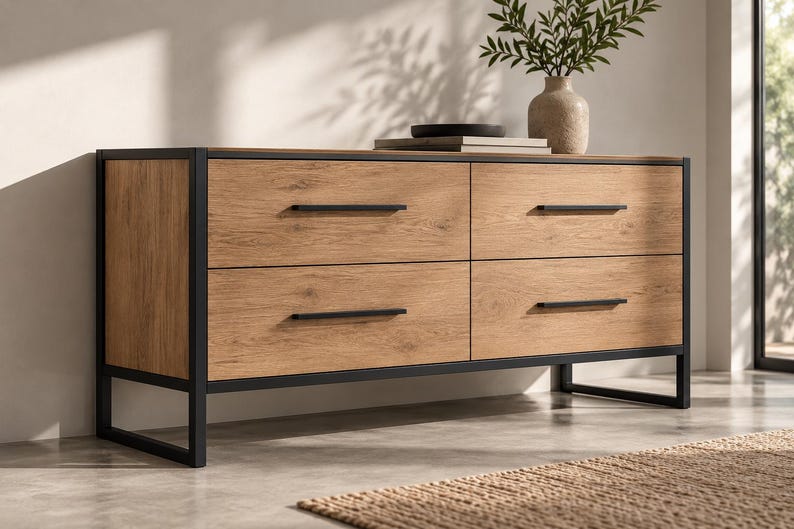 May include: A rectangular four-drawer dresser featuring a light brown wood grain finish and a black metal frame. The dresser has four horizontal black metal drawer pulls and is supported by a black metal base with four legs.
