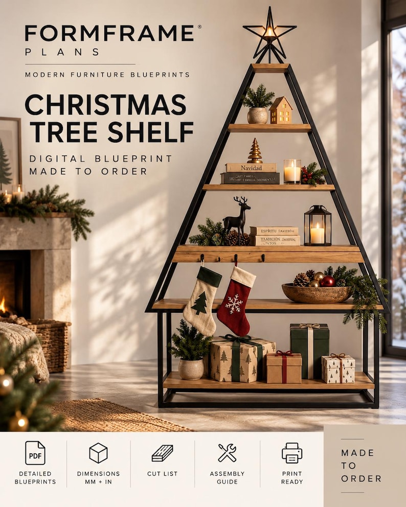 May include: A triangular Christmas tree shelf with a black metal frame and wooden shelves. The top features a star ornament. The shelves hold holiday decor, including stockings, candles, books, and wrapped gifts. Text reads: FORMFRAME PLANS MODERN FURNITURE BLUEPRINTS CHRISTMAS TREE SHELF DIGITAL BLUEPRINT MADE TO ORDER.