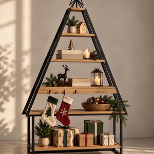 May include: A triangular shelving unit with a black metal frame and light wood shelves. The structure is shaped like a Christmas tree and topped with a black metal star. It holds various holiday decorations, including stockings, wrapped gifts, candles, and greenery.