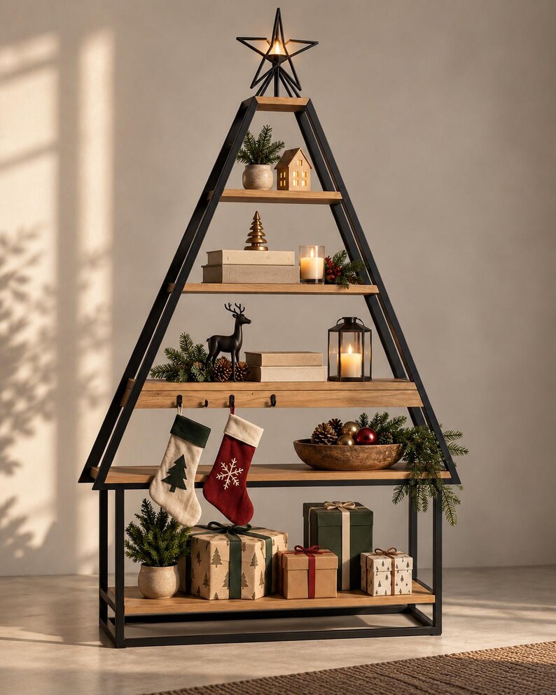May include: A triangular shelving unit with a black metal frame and light wood shelves. The structure is shaped like a Christmas tree and topped with a black metal star. It holds various holiday decorations, including stockings, wrapped gifts, candles, and greenery.