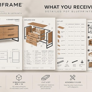 May include: A set of digital PDF blueprints for a 4-drawer cabinet by Formframe Plans. The document includes an exploded view, a cut list with dimensions in millimeters and inches, a hardware list, and a step-by-step assembly guide for the furniture.