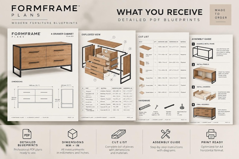 May include: A set of digital PDF blueprints for a 4-drawer cabinet by Formframe Plans. The document includes an exploded view, a cut list with dimensions in millimeters and inches, a hardware list, and a step-by-step assembly guide for the furniture.