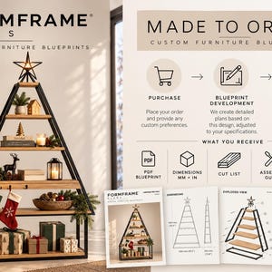 May include: A triangular black metal and wood shelving unit shaped like a Christmas tree, topped with a star. The display includes text detailing a made-to-order process for furniture blueprints, including PDF files, cut lists, and assembly guides.