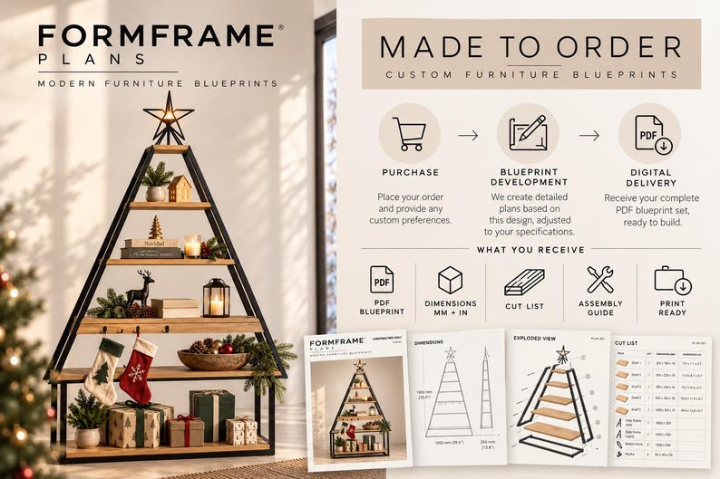 May include: A triangular black metal and wood shelving unit shaped like a Christmas tree, topped with a star. The display includes text detailing a made-to-order process for furniture blueprints, including PDF files, cut lists, and assembly guides.