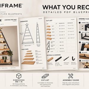 May include: A set of detailed PDF blueprints for a Christmas tree-shaped shelf, featuring a cut list, assembly guide, and dimensions in both millimeters and inches. The plans include diagrams for a black metal frame with wooden shelves.