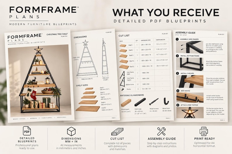 May include: A set of detailed PDF blueprints for a Christmas tree-shaped shelf, featuring a cut list, assembly guide, and dimensions in both millimeters and inches. The plans include diagrams for a black metal frame with wooden shelves.