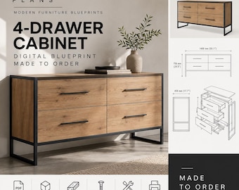 May include: A 4-drawer cabinet with a light wood grain finish and a black metal frame. The cabinet features four horizontal drawers with thin black handles. Technical diagrams show dimensions of 1400 mm by 750 mm by 450 mm for the furniture.