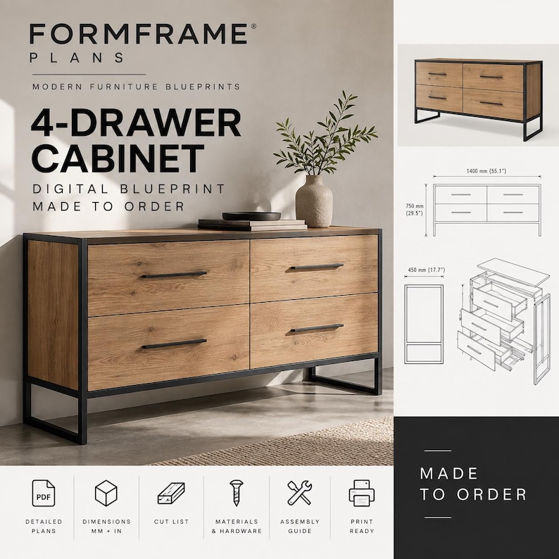 May include: A 4-drawer cabinet with a light wood grain finish and a black metal frame. The cabinet features four horizontal drawers with thin black handles. Technical diagrams show dimensions of 1400 mm by 750 mm by 450 mm for the furniture.