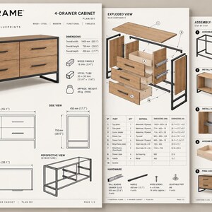 May include: A technical blueprint for a 4-drawer cabinet by Formframe Plans, featuring a wood and black steel design. The document includes an exploded view, assembly guide, dimensions in inches and mm, and a detailed parts list for construction.