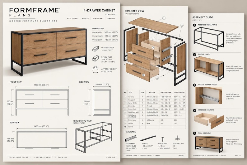 May include: A technical blueprint for a 4-drawer cabinet by Formframe Plans, featuring a wood and black steel design. The document includes an exploded view, assembly guide, dimensions in inches and mm, and a detailed parts list for construction.