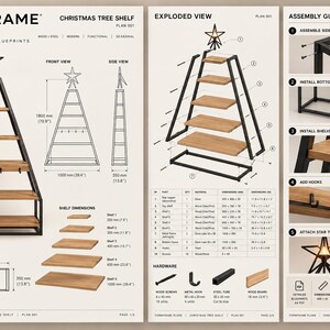 May include: A Formframe Plans document for a Christmas tree shelf, featuring a black metal frame and wooden shelves. The blueprint includes an exploded view, assembly guide, hardware list, and dimensions in both inches and millimeters.