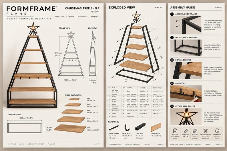 May include: A Formframe Plans document for a Christmas tree shelf, featuring a black metal frame and wooden shelves. The blueprint includes an exploded view, assembly guide, hardware list, and dimensions in both inches and millimeters.