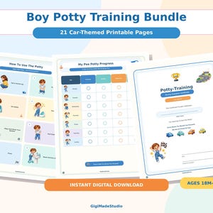 Op de afbeelding: Een bundel van 21 printbare pagina's voor zindelijkheidstraining met een autothema, inclusief instructies, voortgangskaarten en een racekampioen-certificaat. De pagina's bevatten illustraties van een kind en diverse auto's.