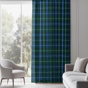 May include: A floor-length curtain featuring a classic plaid pattern in deep shades of blue and green, accented by thin white horizontal and vertical lines that intersect to create a structured, grid-like design across the fabric surface.