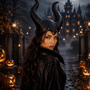 Pode incluir: Um acessório de cabeça preto com dois chifres grandes, curvos e texturizados que se estendem para cima. O acessório é usado por uma pessoa com cabelos longos, escuros e ondulados, combinado com uma capa de veludo preto com gola alta.