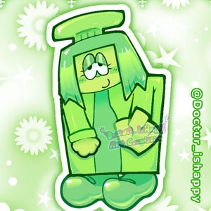 May include: A green sticker featuring a cartoon character with a rectangular head and body, wearing a coat, with the text @Doctur_ishappy and Green Deltarune sticker. The character has a light green face, dark green hair, and rounded feet.
