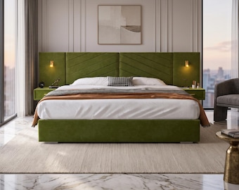 Luxury Upholstered Bed Frame, Gold LED Lights, Built-In Nightstands, Geometric Tufted Headboard, King Queen Platform Bed