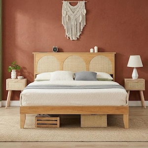 May include: A light wood bed frame featuring a headboard with three arched rattan panels. The bed is dressed in white bedding with a gray throw blanket. Two matching light wood nightstands with rattan drawer fronts flank the bed.
