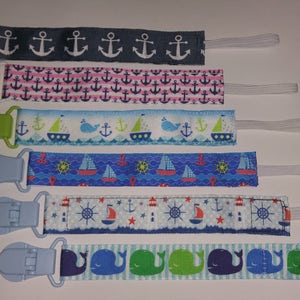 Nuk clips/pacifier clips/binki clip/soothie/infant pacifier clips Boats Whales Nautical Anchors Sailboat