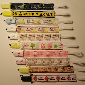 Nuk clips/pacifier clips/binki clip/soothie/infant pacifier clips Words Caution Elephant Love Bacon To The Moon