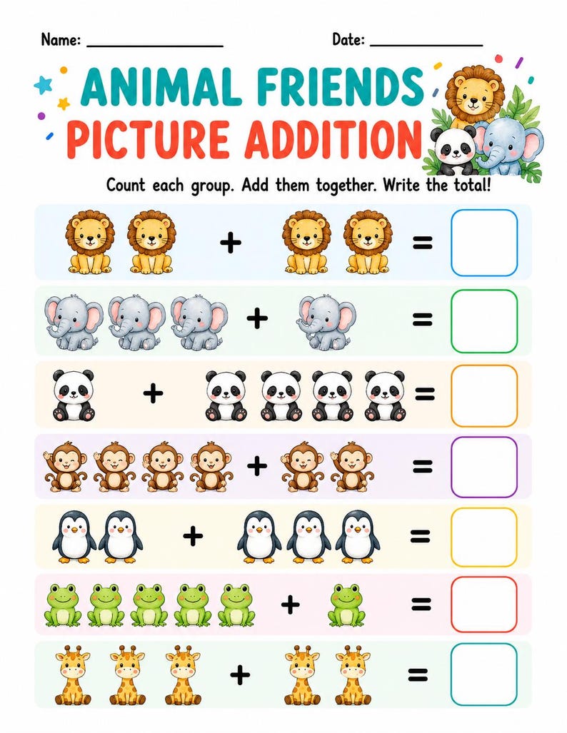 Animal Picture Addition Worksheet for Kindergarten and First Grade Math ...