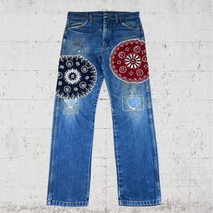 Wrangler 13MWZ Jeans Heren 33x32 Custom Bandana Sashiko Patchwork Cowboy Cut Denim