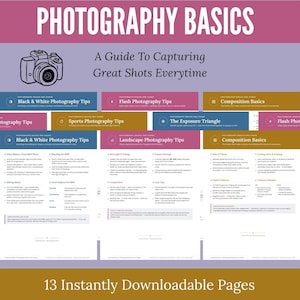 May include: A digital educational guide titled Photography Basics: A Guide To Capturing Great Shots Everytime, featuring a camera icon and multiple sections on photography techniques including black and white, flash, sports, and composition.