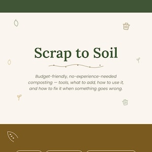 May include: A digital guide titled A Beginner's Guide to Composting at Home: Scrap to Soil. It features sections on tools, composting methods, and troubleshooting. The layout includes buttons labeled Start Free, Beginner-Proof, and Troubleshooting Guide.