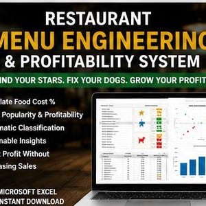 Könnte beinhalten: Ein Laptop zeigt eine Restaurant Menu Engineering & Profitability System Tabelle mit Diagrammen. Der Text lautet: Find your stars. Fix your dogs. Grow your profit. Calculate Food Cost %, Track Popularity & Profitability, Automatic Classification, Actionable Insights, Boost Profit Without Increasing Sales und Microsoft Excel Instant Download.